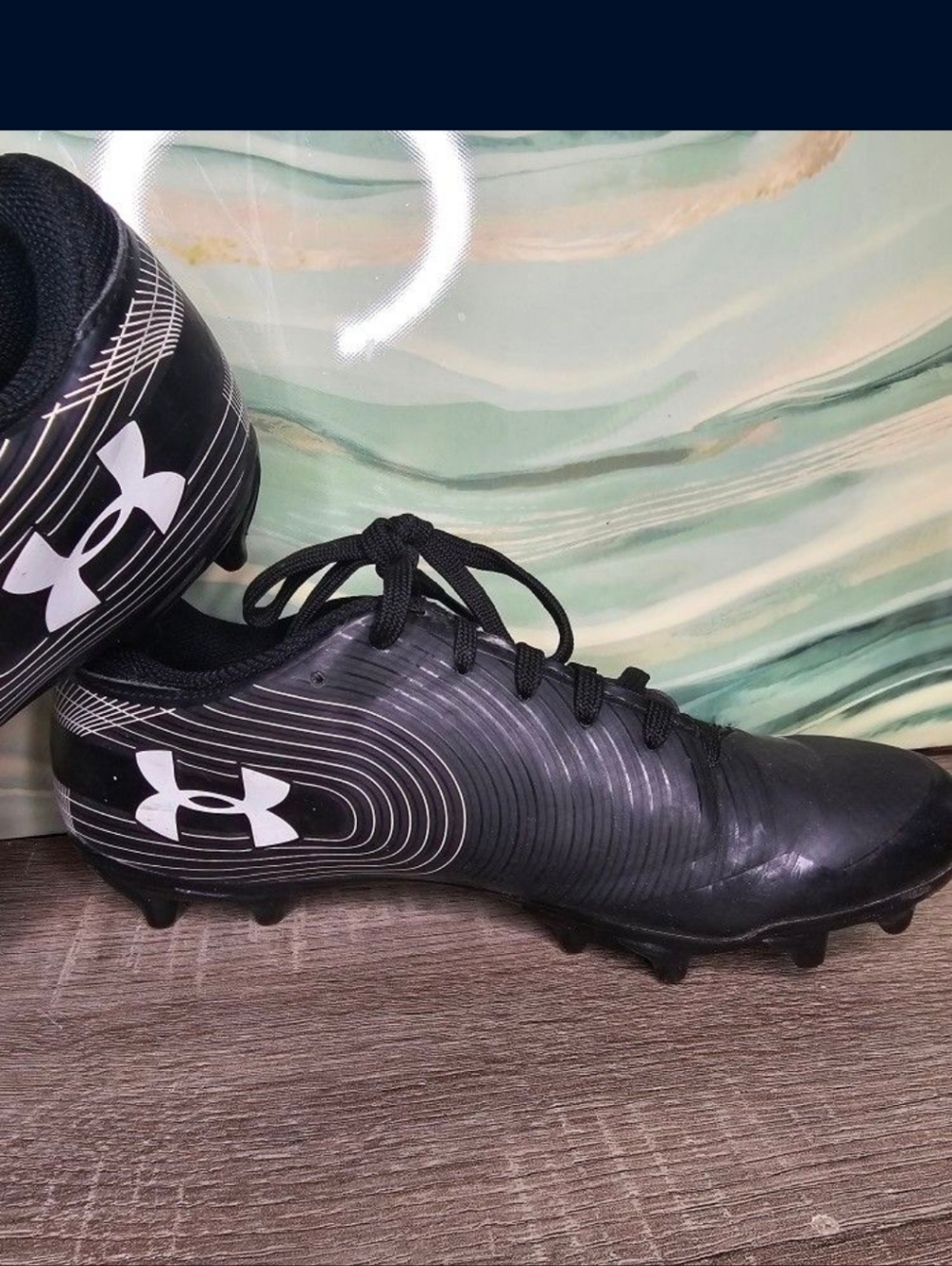 Under Armour Boys Black Athletic Football Cleats with White Logo Sz 5Y
